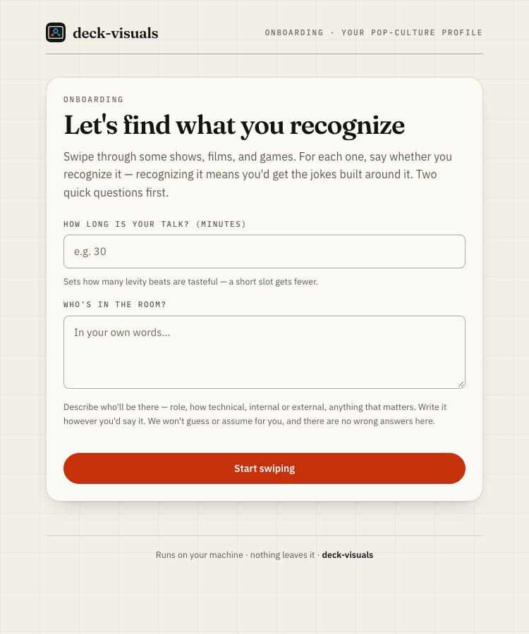The onboarding swipe picker's intro screen, asking talk length and who's in the room.